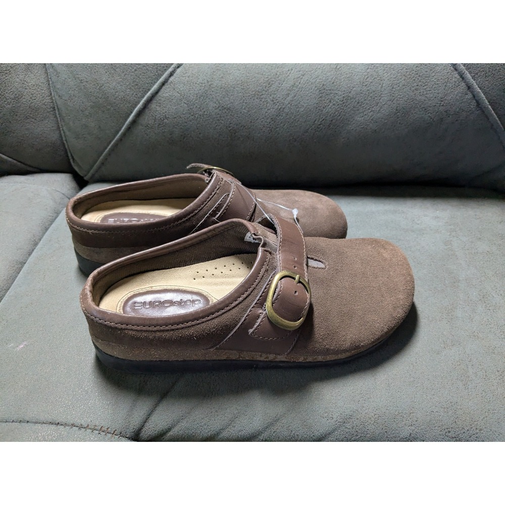 Eurostep DeLorean Brown Suede Leather Clogs Mules Buckle Strap Shoes Womens 6M